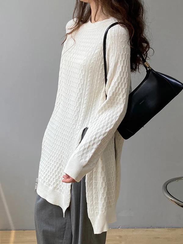 Original Irregular 5 Colors Split-Side Round-Neck Long Sleeves Sweater Top - Image 9