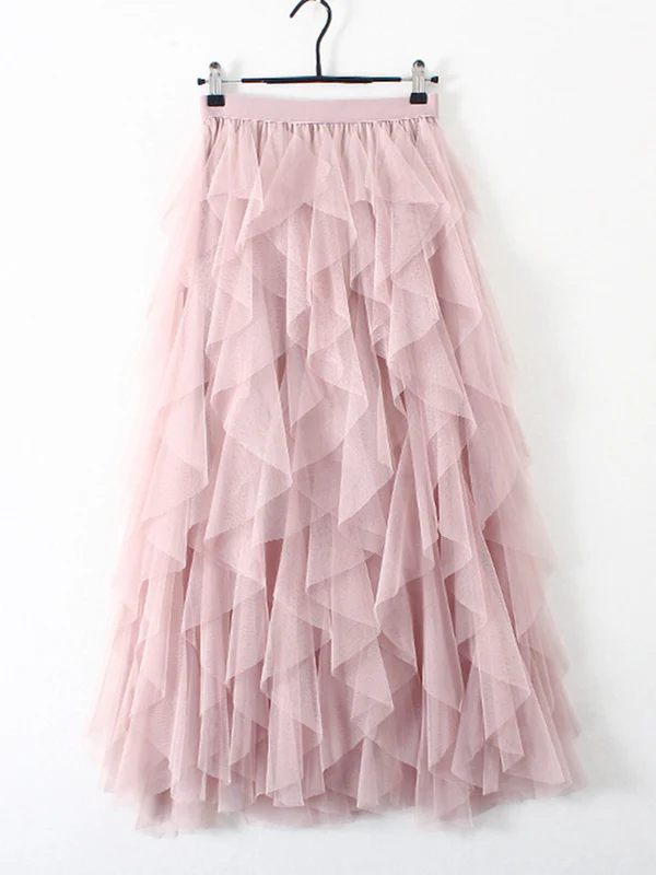 Original Irregular Mesh 4 Colors Falbala Pleated Elasticity Skirt - Image 3