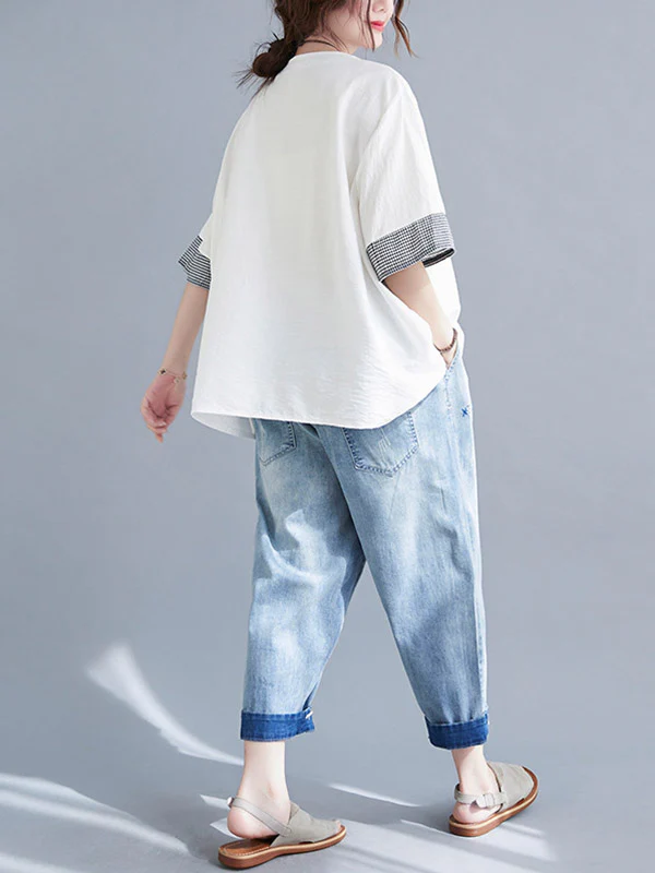 Original Letter Print Split-Joint Round-Neck T-Shirts Tops - Image 10