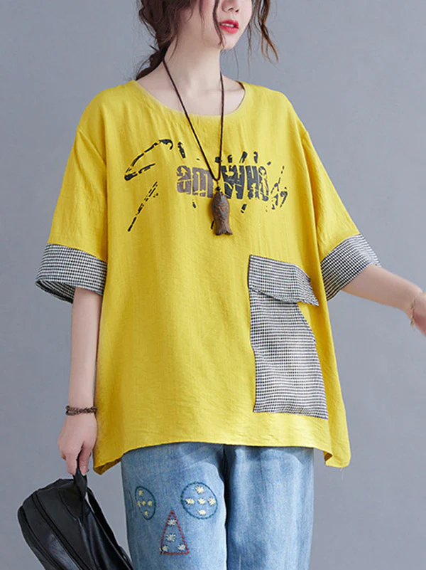 Original Letter Print Split-Joint Round-Neck T-Shirts Tops - Image 11
