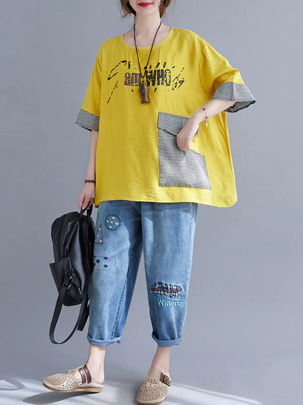 Original Letter Print Split-Joint Round-Neck T-Shirts Tops - Image 13