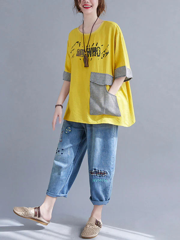Original Letter Print Split-Joint Round-Neck T-Shirts Tops - Image 14