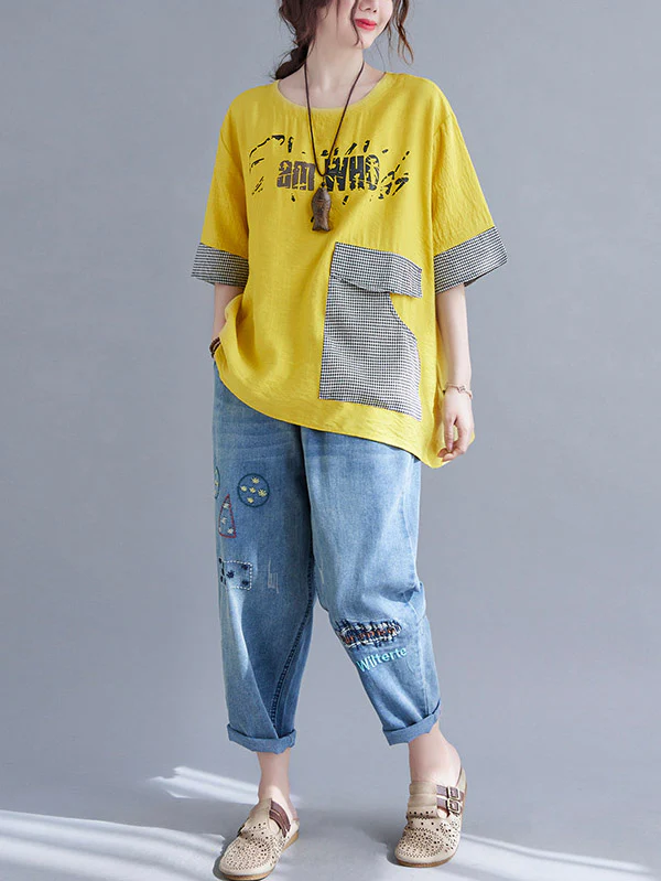 Original Letter Print Split-Joint Round-Neck T-Shirts Tops - Image 15