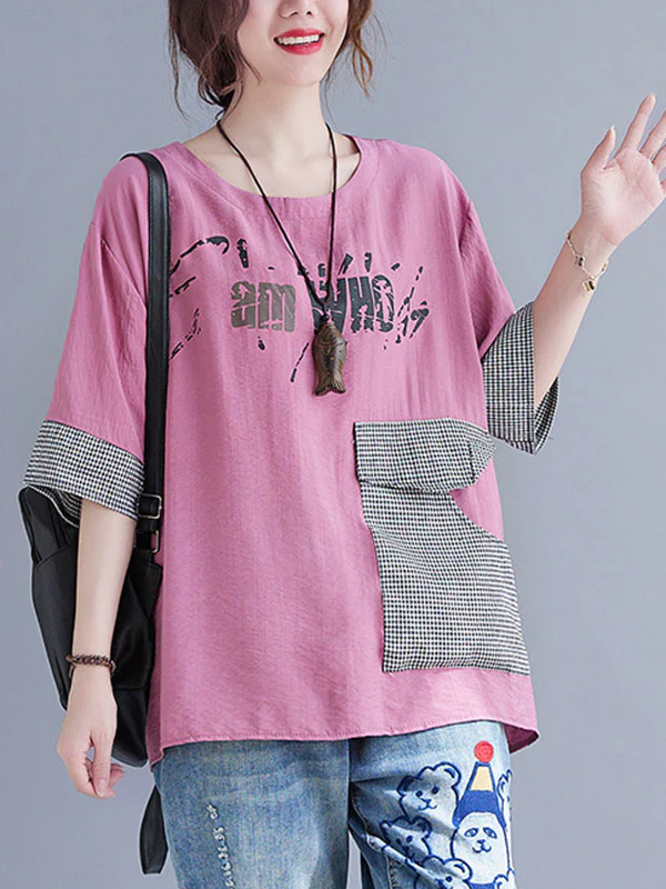 Original Letter Print Split-Joint Round-Neck T-Shirts Tops - Image 16