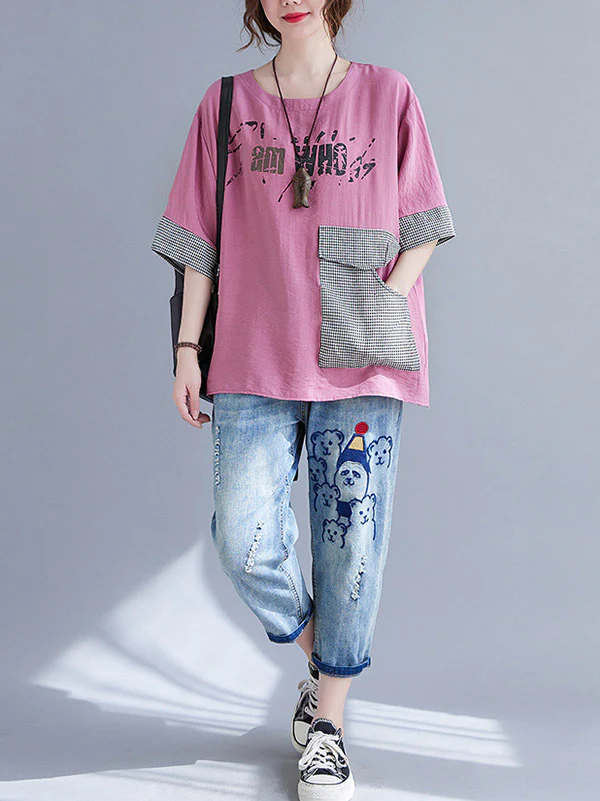Original Letter Print Split-Joint Round-Neck T-Shirts Tops - Image 17