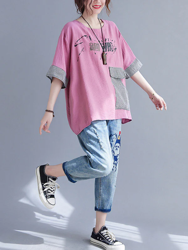 Original Letter Print Split-Joint Round-Neck T-Shirts Tops - Image 18