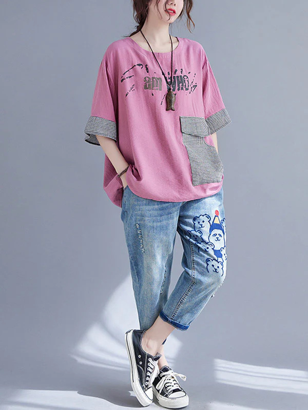 Original Letter Print Split-Joint Round-Neck T-Shirts Tops - Image 19