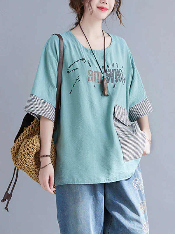 Original Letter Print Split-Joint Round-Neck T-Shirts Tops - Image 2