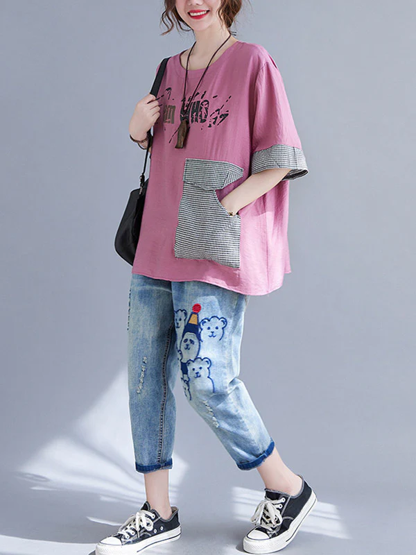 Original Letter Print Split-Joint Round-Neck T-Shirts Tops - Image 20