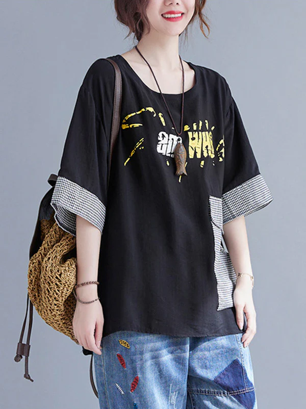 Original Letter Print Split-Joint Round-Neck T-Shirts Tops - Image 21
