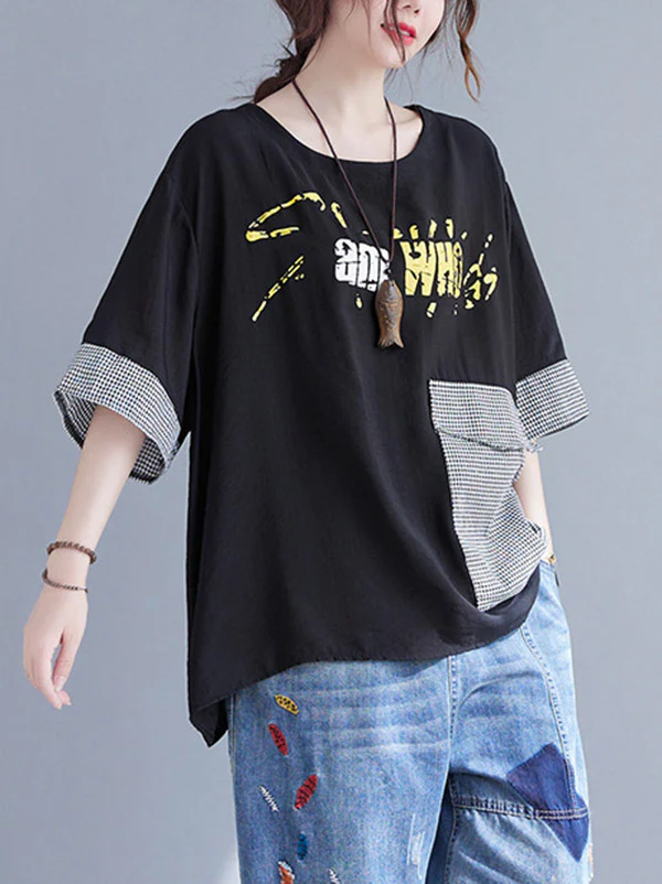Original Letter Print Split-Joint Round-Neck T-Shirts Tops - Image 22
