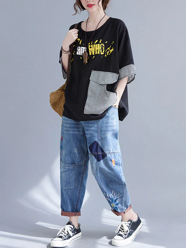 Original Letter Print Split-Joint Round-Neck T-Shirts Tops - Image 23