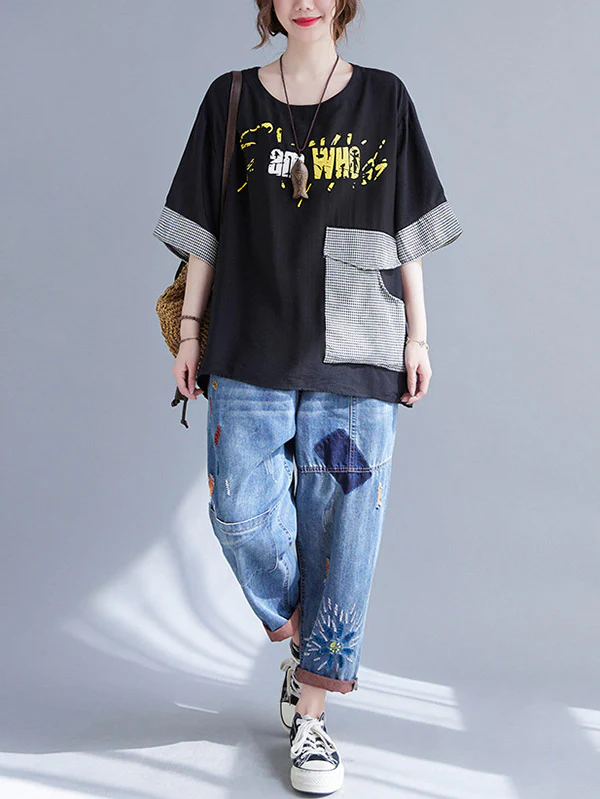 Original Letter Print Split-Joint Round-Neck T-Shirts Tops - Image 24