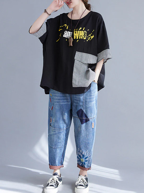 Original Letter Print Split-Joint Round-Neck T-Shirts Tops - Image 25