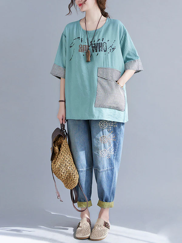 Original Letter Print Split-Joint Round-Neck T-Shirts Tops - Image 26