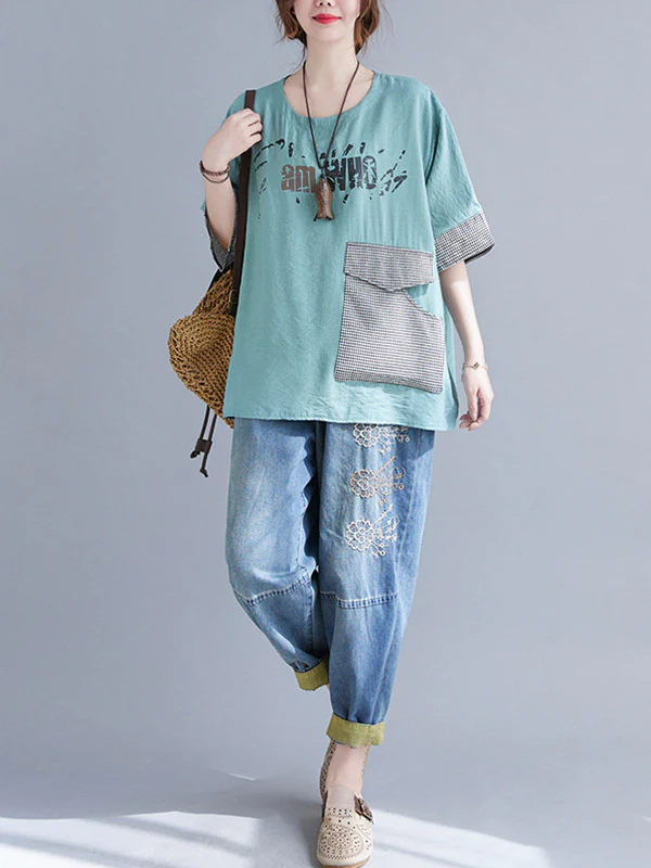 Original Letter Print Split-Joint Round-Neck T-Shirts Tops - Image 27