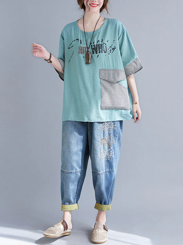 Original Letter Print Split-Joint Round-Neck T-Shirts Tops - Image 28