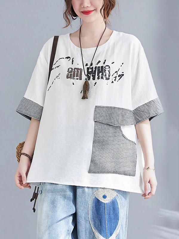 Original Letter Print Split-Joint Round-Neck T-Shirts Tops - Image 3