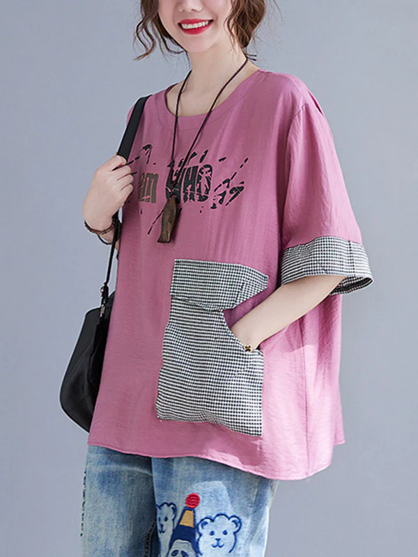 Original Letter Print Split-Joint Round-Neck T-Shirts Tops - Image 5