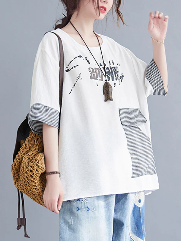 Original Letter Print Split-Joint Round-Neck T-Shirts Tops - Image 6