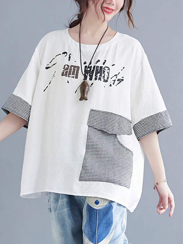 Original Letter Print Split-Joint Round-Neck T-Shirts Tops - Image 7