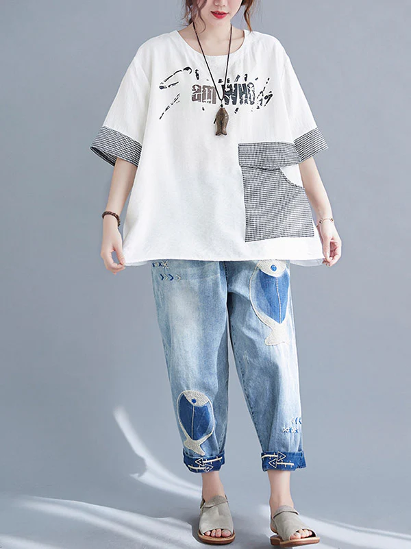 Original Letter Print Split-Joint Round-Neck T-Shirts Tops - Image 8