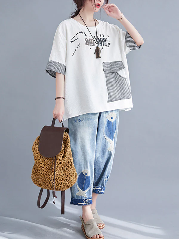 Original Letter Print Split-Joint Round-Neck T-Shirts Tops - Image 9