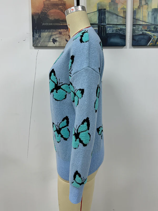Original Long Sleeves Loose Butterfly Print Contrast Color Round-Neck Sweater Tops - Image 10
