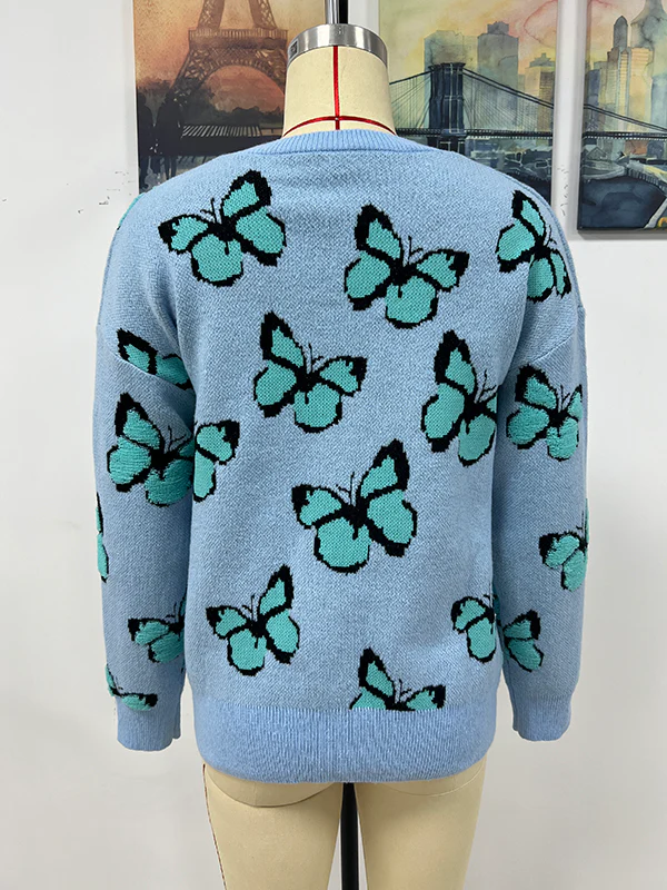Original Long Sleeves Loose Butterfly Print Contrast Color Round-Neck Sweater Tops - Image 11