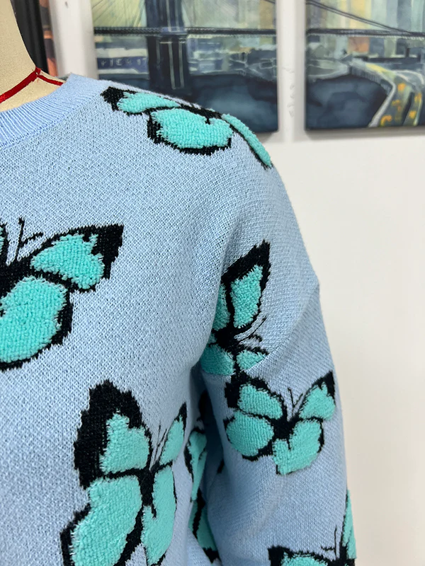 Original Long Sleeves Loose Butterfly Print Contrast Color Round-Neck Sweater Tops - Image 13
