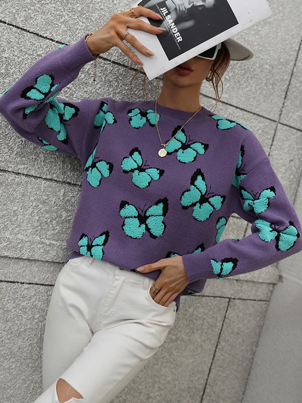 Original Long Sleeves Loose Butterfly Print Contrast Color Round-Neck Sweater Tops - Image 3
