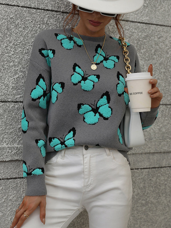 Original Long Sleeves Loose Butterfly Print Contrast Color Round-Neck Sweater Tops - Image 4