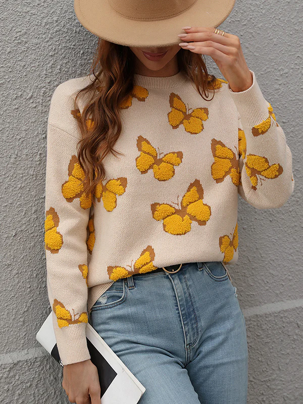 Original Long Sleeves Loose Butterfly Print Contrast Color Round-Neck Sweater Tops - Image 5