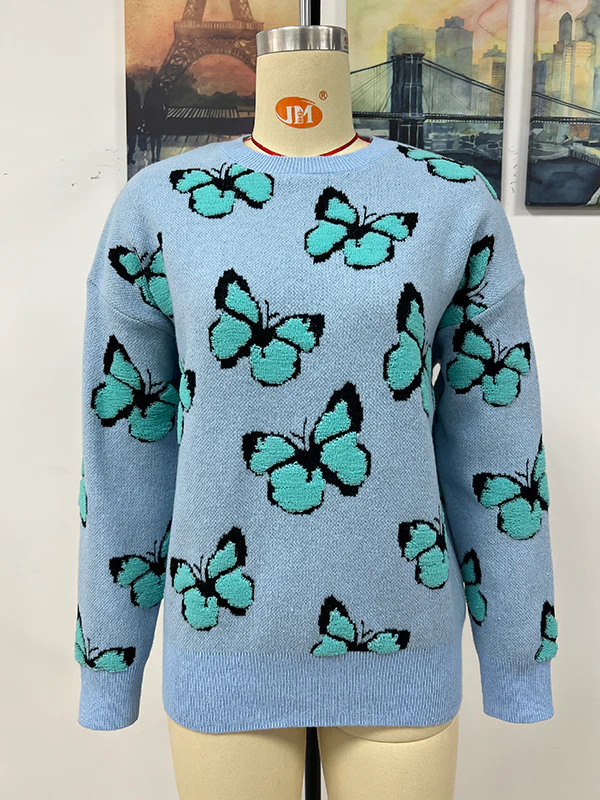 Original Long Sleeves Loose Butterfly Print Contrast Color Round-Neck Sweater Tops - Image 9