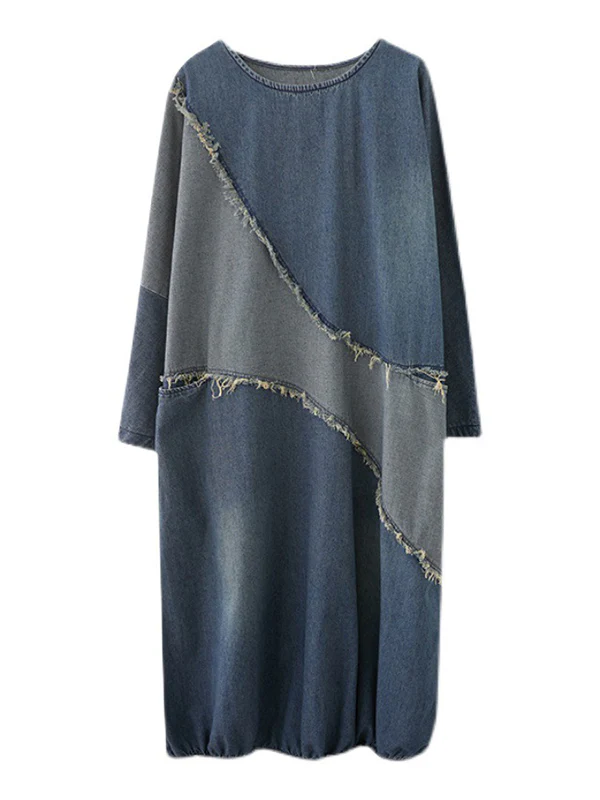 Original Loose Denim Contrast Color Round-Neck Long Sleeves Midi Dress - Image 10