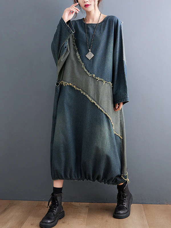 Original Loose Denim Contrast Color Round-Neck Long Sleeves Midi Dress - Image 2