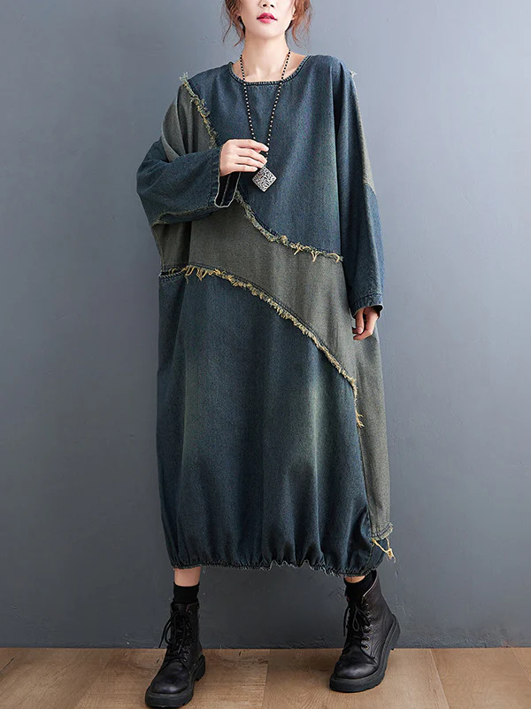 Original Loose Denim Contrast Color Round-Neck Long Sleeves Midi Dress - Image 3
