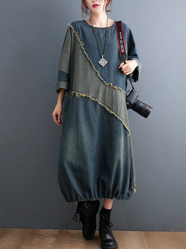 Original Loose Denim Contrast Color Round-Neck Long Sleeves Midi Dress - Image 4
