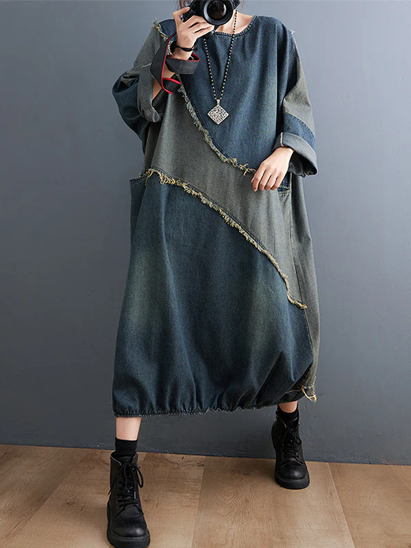 Original Loose Denim Contrast Color Round-Neck Long Sleeves Midi Dress - Image 5