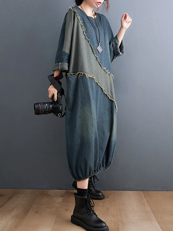 Original Loose Denim Contrast Color Round-Neck Long Sleeves Midi Dress - Image 6