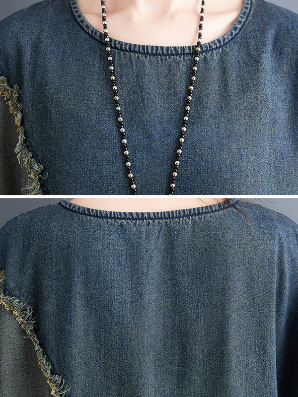 Original Loose Denim Contrast Color Round-Neck Long Sleeves Midi Dress - Image 7