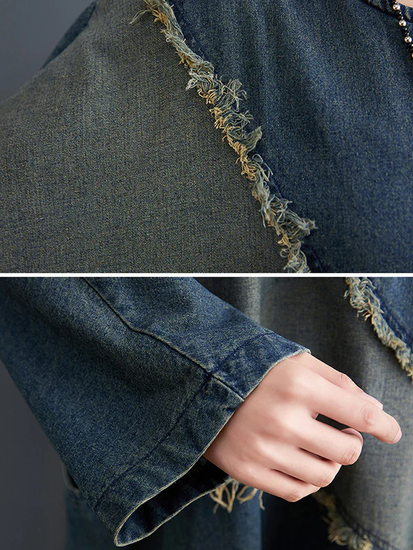 Original Loose Denim Contrast Color Round-Neck Long Sleeves Midi Dress - Image 8