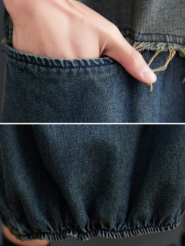 Original Loose Denim Contrast Color Round-Neck Long Sleeves Midi Dress - Image 9