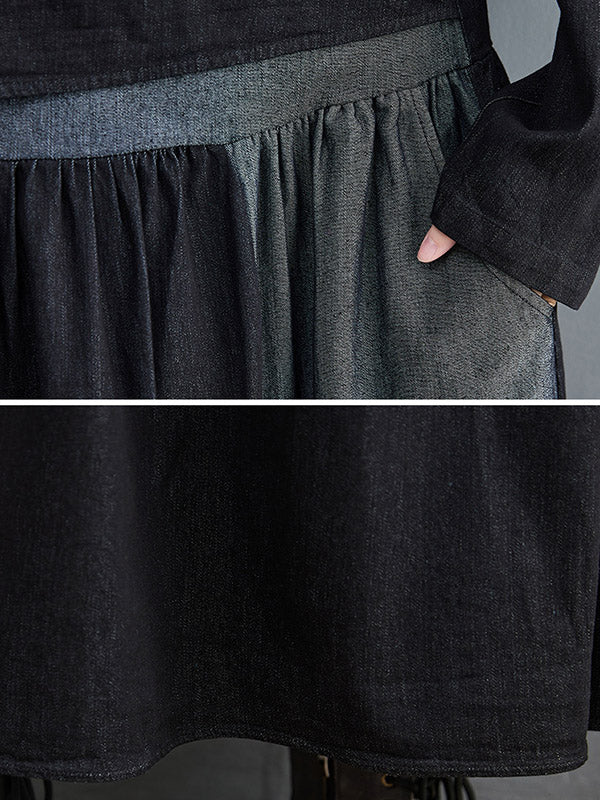 Original Loose Denim Split-Joint Tied Lapel Collar Long Sleeves Midi Dress - Image 10