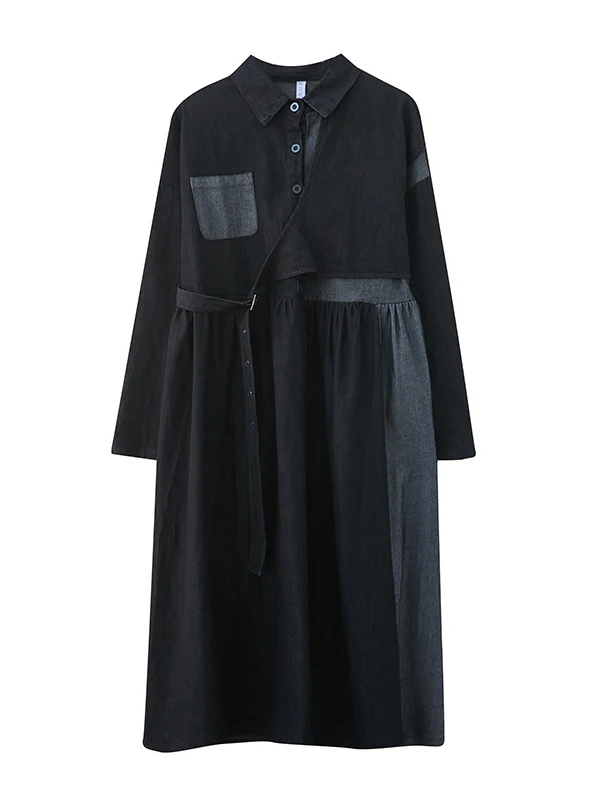 Original Loose Denim Split-Joint Tied Lapel Collar Long Sleeves Midi Dress - Image 11
