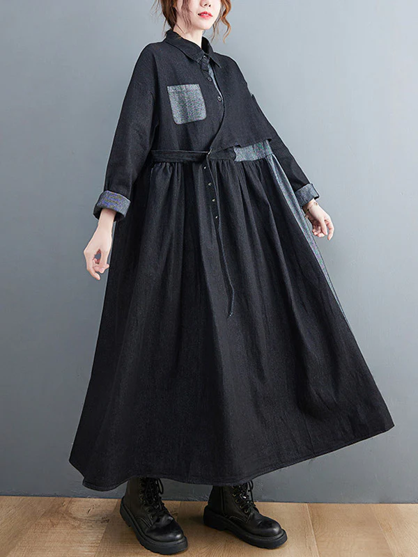 Original Loose Denim Split-Joint Tied Lapel Collar Long Sleeves Midi Dress - Image 2
