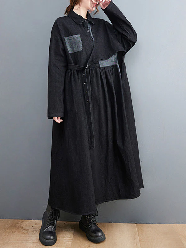 Original Loose Denim Split-Joint Tied Lapel Collar Long Sleeves Midi Dress - Image 3