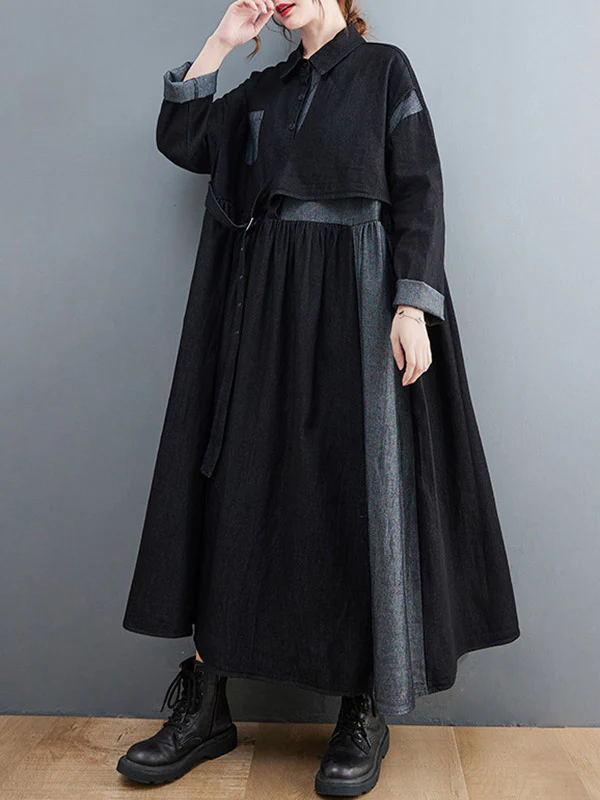 Original Loose Denim Split-Joint Tied Lapel Collar Long Sleeves Midi Dress - Image 4