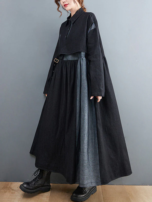 Original Loose Denim Split-Joint Tied Lapel Collar Long Sleeves Midi Dress - Image 5