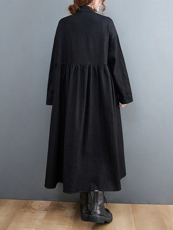 Original Loose Denim Split-Joint Tied Lapel Collar Long Sleeves Midi Dress - Image 6